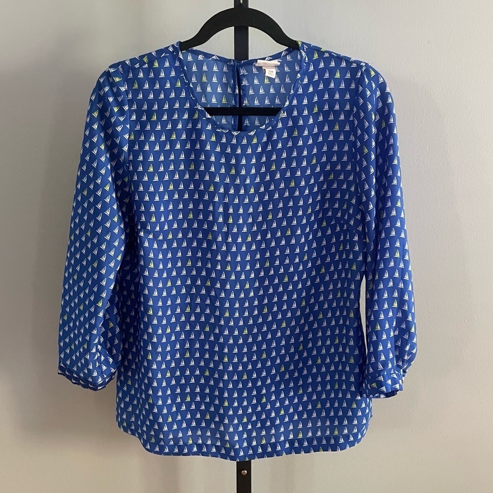 Merona Blue White Yellow Sailboat Print Long Sleeve Blouse Size Small
